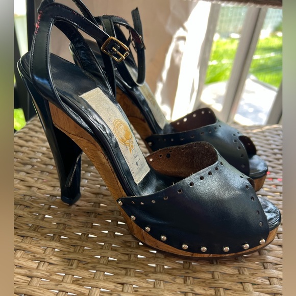 Vintage 70s SWEET DREAMS by CHEROKEE leather wood heels navy 7-7.5 sling back - Picture 5 of 6